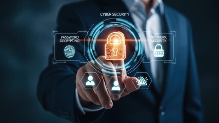 Cyber security concept: man touching digital lock on screen. - Powered by Adobe