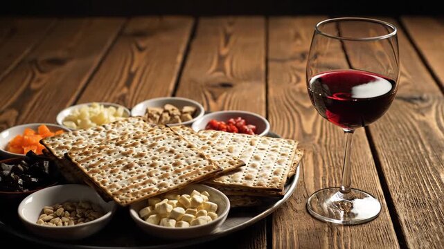 Passover seder plate featuring matzah and various symbolic foods, served with a glass of red wine on a rustic wooden table