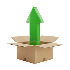 3d render of a green arrow pointing up from a box isolated on transparent background