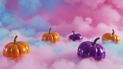 Colorful bright pumpkins floating on pink clouds. Halloween holiday celebration concept. Autumn season decorative elements for greeting card.