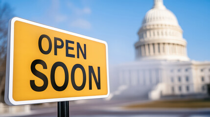 A yellow "Open Soon" sign is in the foreground, with a prominent government building in the background, indicating an upcoming opening or event.