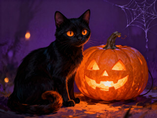 A black cat sitting next to a glowing carved pumpkin with a candle inside. The scene features a purple background with spider webs, creating a spooky and magical Halloween atmosphere. 