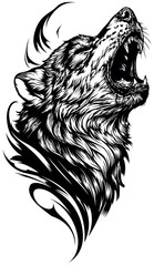 Drawing of a howling wolfs head as a tattoo design - black and white illustration isolated on white background, Vector