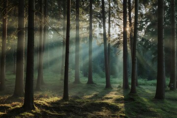 Fototapeta premium Sunlight shining through the forest trees view
