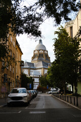 Street view with parked cars and the Novi Sad Synagogue dome visible between trees and old buildings.