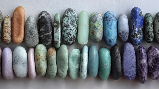 A captivating close-up showcases a diverse collection of smooth, polished stones arranged neatly in parallel rows on a subtle light background. Each pebble displays unique natural patterns, rich textu