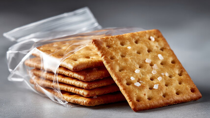 Stack of salted crackers in a plastic bag on a gray background.