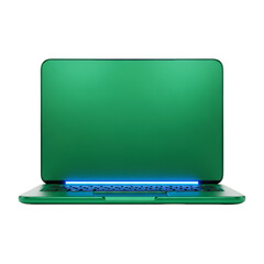 Green laptop with blue light isolated on transparent background for technology promotion