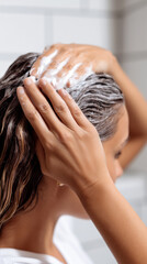 Naklejka premium Woman washing hair with shampoo in bathroom. Female hands massaging foam into wet dark hair during shower. Hair care routine, cleansing and hygiene concept.