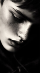 Fototapeta premium Black and white portrait of woman with closed eyes and dramatic shadows on face. Artistic closeup showing natural skin texture, freckles and peaceful expression. Monochrome beauty and emotion concept.