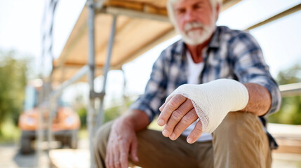 Senior construction worker with bandaged injured hand at building site. Smiling mature man in plaid shirt showing wrapped wrist after workplace accident, illustrating work injury and health insurance.