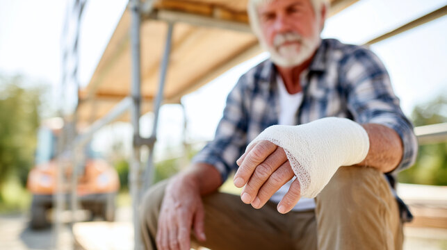 Senior construction worker with bandaged injured hand at building site. Smiling mature man in plaid shirt showing wrapped wrist after workplace accident, illustrating work injury and health insurance.