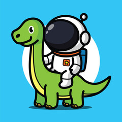Cute Astronaut Riding Dinosaur Illustration for Space Cartoon Character and Prehistoric Adventure Concept