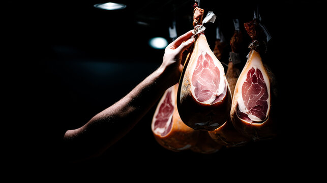 Culatello hams hanging in traditional Italian drying cellar under dramatic spotlight. Artisan charcuterie meat curing showcases cross-section marbling and gourmet quality.