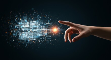 A hand interacting with a glowing digital network and data cubes, illustrating artificial intelligence and machine learning concept.