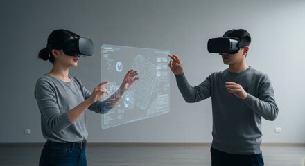 Woman and man wearing virtual reality headset. People interacting with digital interface. Augmented reality for future visualization.