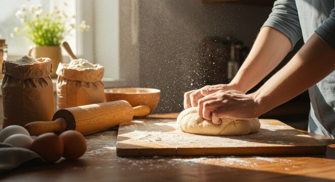 Woman hand kneading dough on table with flour and eggs. Cooking bread at home. Baking preparation for family.