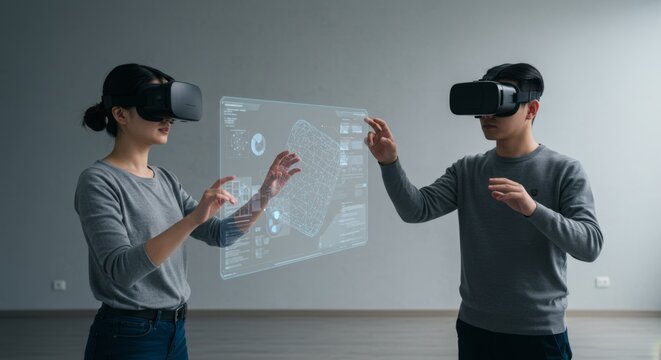 Woman and man wearing virtual reality headset. People interacting with digital interface. Augmented reality for future visualization.