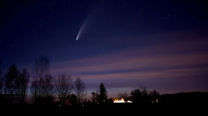 Comet neowise shining brightly in the night sky over a dark landscape