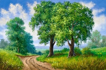 Summer landscape, road, trees in the field, oil paintings landscape