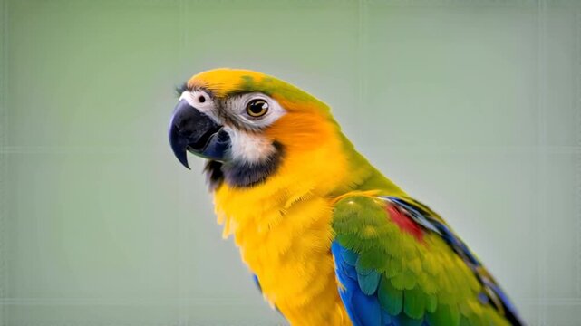 Close-up of a colorful parrot with yellow, green, and blue feathers against a blurred background.