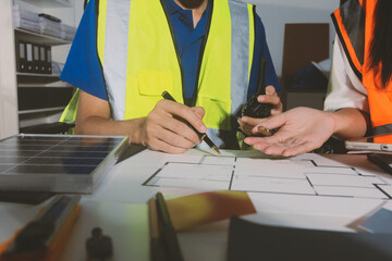 Closeup of team of industrial engineers meeting analyze machinery blueprints consult project on...