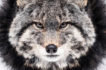 Intense close-up of a gray wolf with piercing eyes