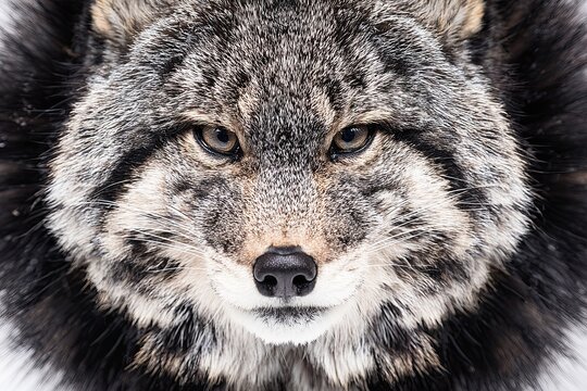 Intense close-up of a gray wolf with piercing eyes