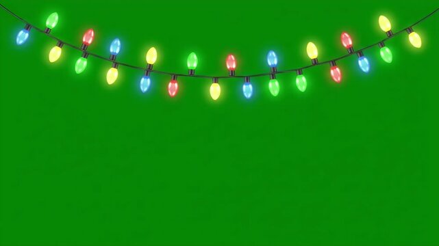 Animated string of colorful blinking Christmas lights on a vibrant green screen background, perfect for compositing seasonal videos.