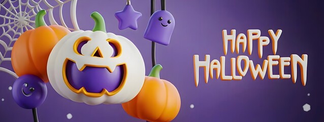 Happy halloween banner with white pumpkins and ghosts on a purple background