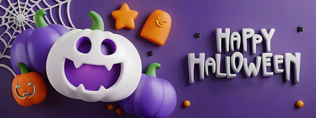Happy halloween banner with white pumpkins and ghosts on a purple background