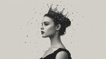A profile of a woman in grayscale, wearing a detailed crown. Small particles surround her head, and she is looking left