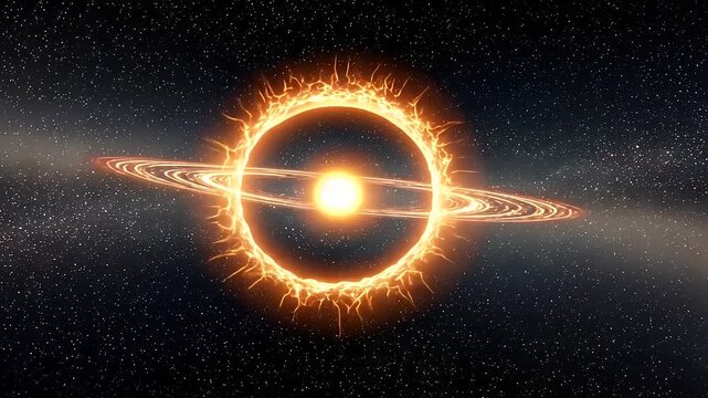 Cosmic Ring of Fire - A Star with a Fiery Halo and Planetary Rings in Deep Space.