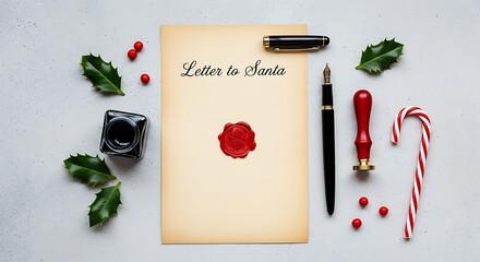 Festive Christmas Letter to Santa with Wax Seal, Holly, and Candy Cane Composition.