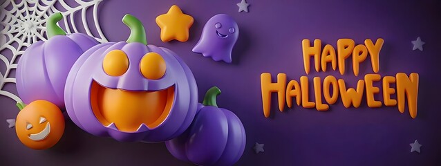 Happy halloween banner with pumpkins, ghost, star and spider web on purple background
