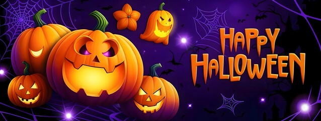 Happy halloween banner with pumpkins, ghost, star and spider web on dark background