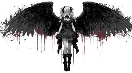 A gothic anime-style girl with dark angel wings, splattered red, white background