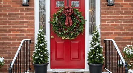Festive Red Door Adorned with Christmas Wreath and Snowy Evergreens, Brick Facade.