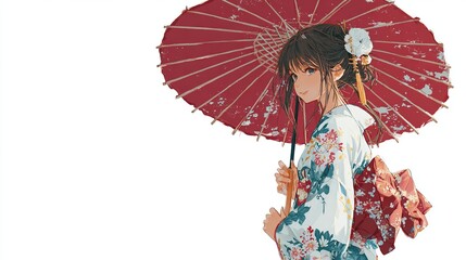 An anime-style woman in kimono and a red umbrella, smiling, with a flower in her hair, bright background