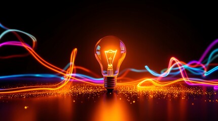 Glowing light bulb with colorful energy streams concept for innovation and creative ideas concept art