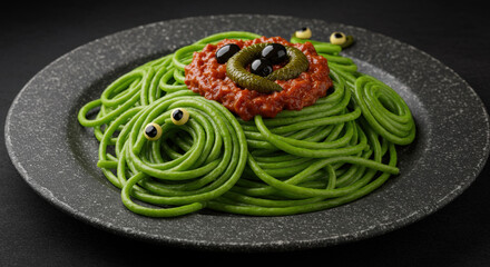 Halloween creepy green spaghetti with olive heads and red sauce