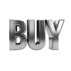 The word buy in metallic silver isolated on transparent background, a call to action