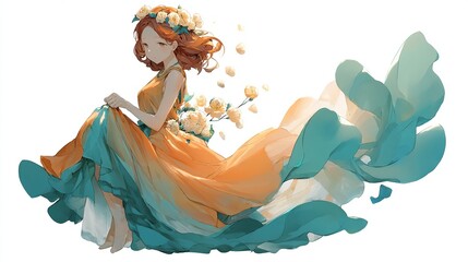 Anime style girl in flowing gown with floral headpiece, surrounded by floating petals, white bg