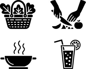 Healthy eating icons: fresh produce, cooking, and refreshing drinks