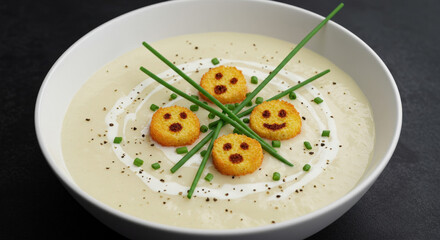 Halloween mashed potato ghosts in festive fall soup