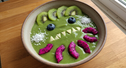 Halloween healthy breakfast monster with spiky teeth and colorful fruits