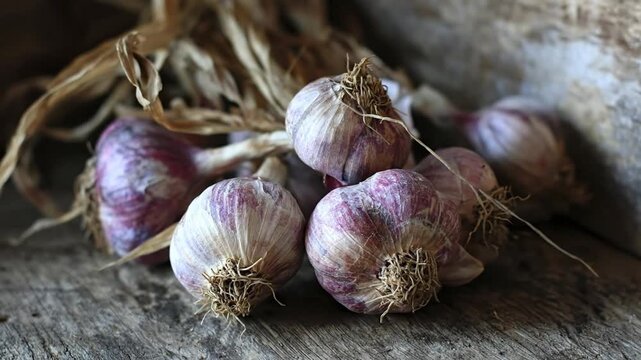 A close-up, static shot beautifully showcases a cluster of raw garlic bulbs resting on a weathered, rustic wooden surface. Each bulb features distinct purple and white striations on its papery husk, w