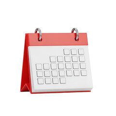 A red and white calendar with blank dates isolated on transparent background for scheduling