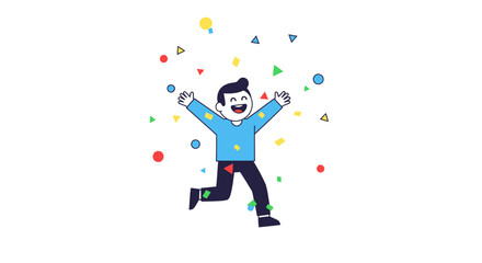 A cartoon man in a blue shirt celebrates with arms raised amidst colorful confetti, expressing joy and excitement.