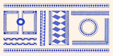 Collection of blue ethnic decorative borders and frames with diamond and geometric patterns on a cream background